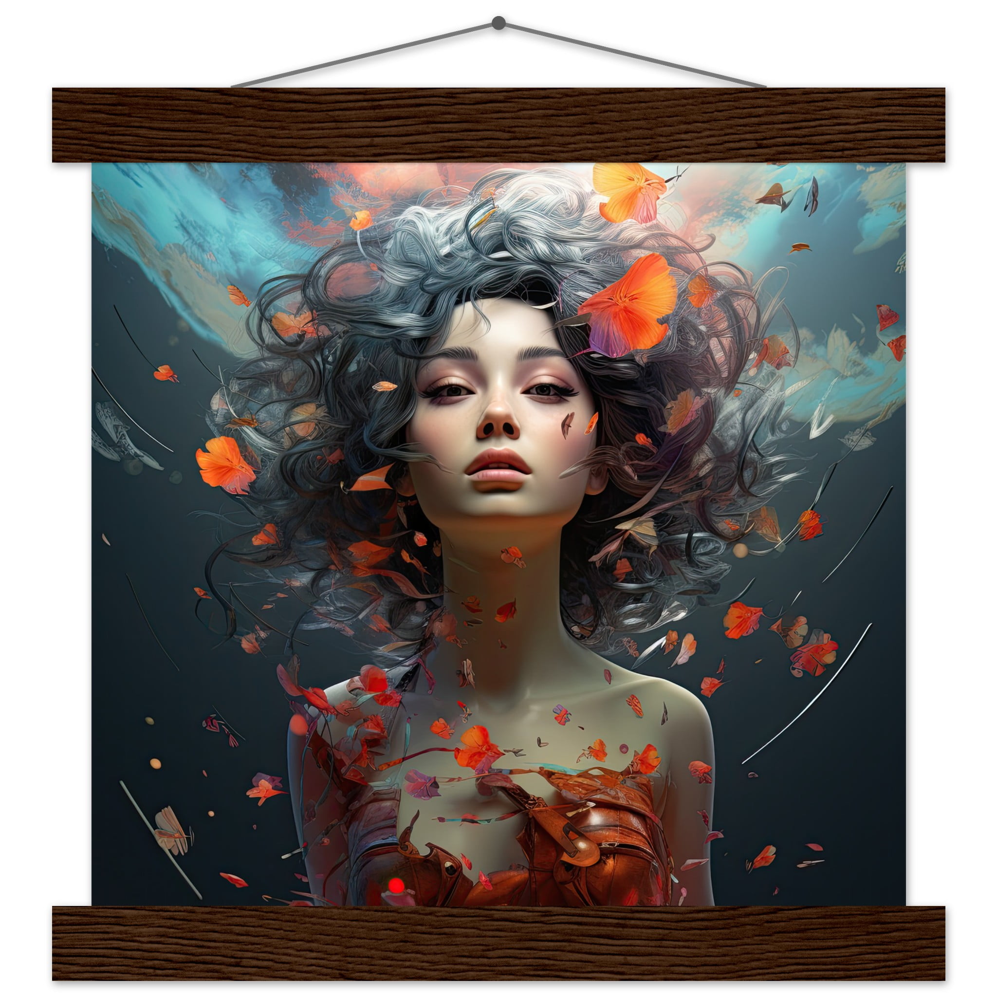 Digital Art – Girl Beautiful Abstract – Art Print with Hanger – 25×25 cm / 10×10″, Dark wood wall hanger