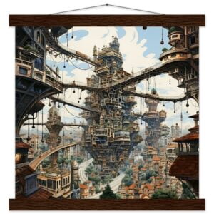 Surreal City Art Print with Hanger - 35x35 cm / 14x14″, Dark wood wall hanger