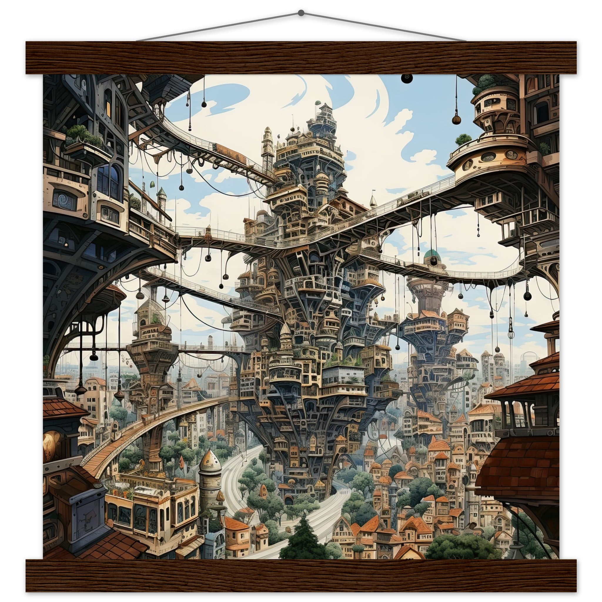 Surreal City Art Print with Hanger – 35×35 cm / 14×14″, Dark wood wall hanger