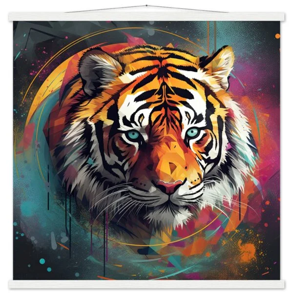 Tiger Colorful Abstract Art Print with Hanger - 70x70 cm / 28x28″, White wall hanger