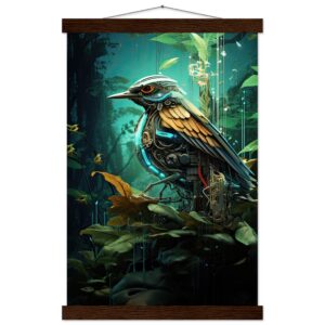 Robotic Bird - Nature - Art Print with Hanger - 30x45 cm / 12x18″, Dark wood wall hanger