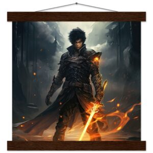 Male Anime Character - Flaming Sword - Art Print with Hanger - 30x30 cm / 12x12″, Dark wood wall hanger