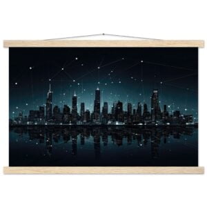 City Skyline Night Constellations Art Print with Hanger - 40x60 cm / 16x24″, Natural wood wall hanger