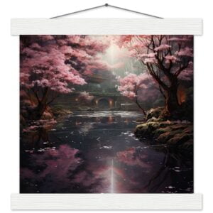 Secret Cherry Blossom Temple Art Print with Hanger - 25x25 cm / 10x10″, White wall hanger