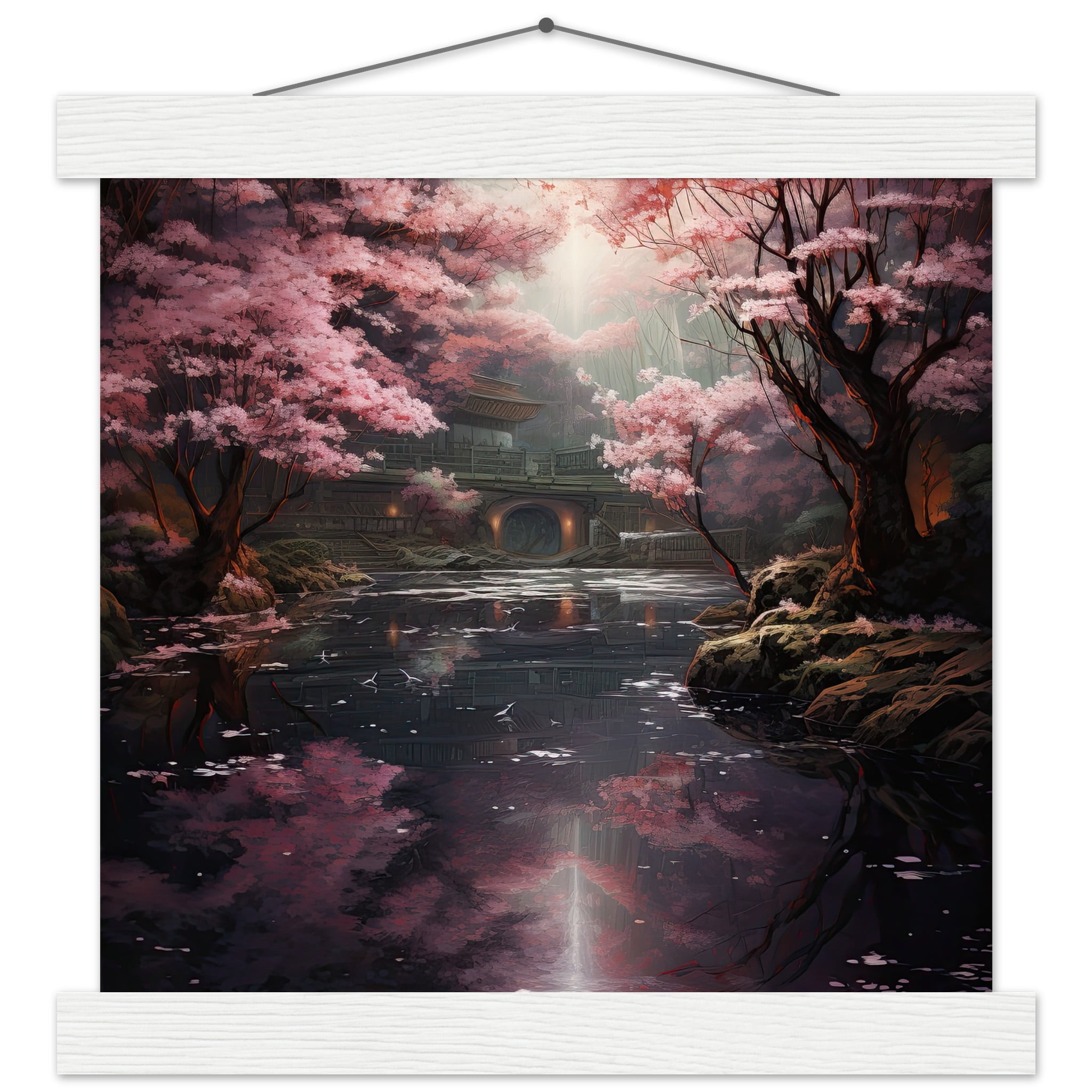 Secret Cherry Blossom Temple Art Print with Hanger – 25×25 cm / 10×10″, White wall hanger