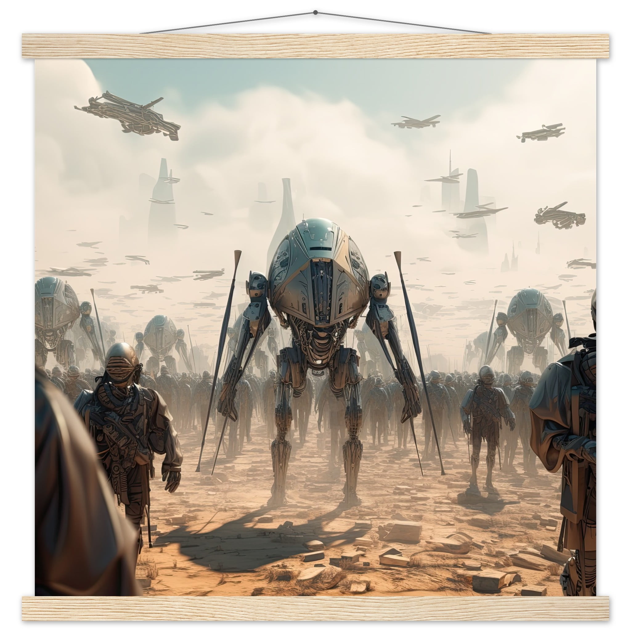 Future War Sci-Fi Art Print with Hanger – 50×50 cm / 20×20″, Natural wood wall hanger