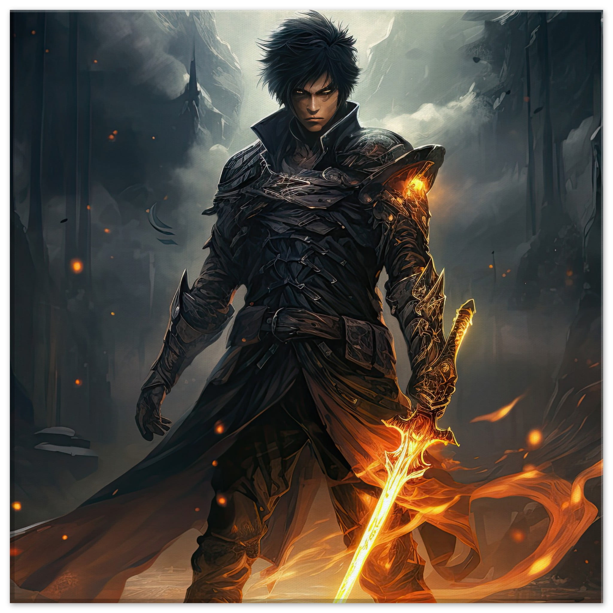 Male Anime Character – Flaming Sword – Canvas Print – 50×50 cm / 20×20″, Thick