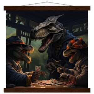 Tyrannosaurus Rex Poker Art Print with Hanger - 40x40 cm / 16x16″, Dark wood wall hanger