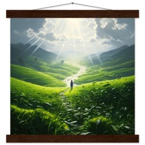 Daybreak - Fields of Green - Art Print with Hanger - 35x35 cm / 14x14″, Dark wood wall hanger