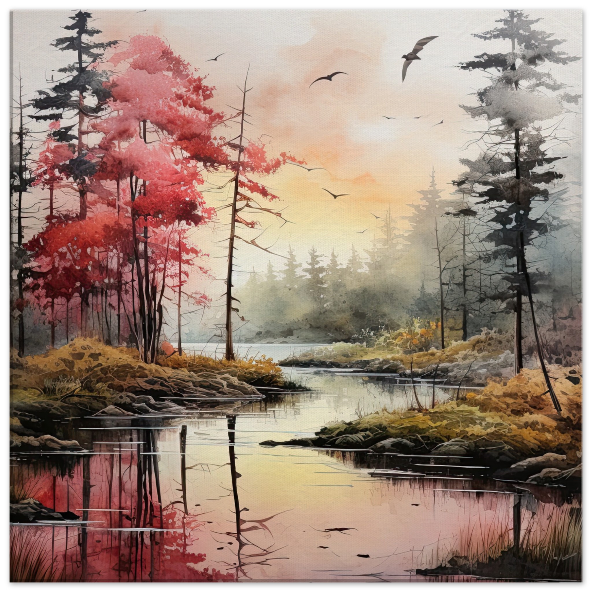 Red Lake Sunset – Watercolor Landscape Canvas Print – 60×60 cm / 24×24″, Thick