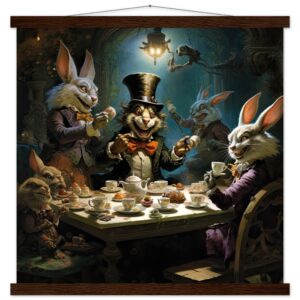 Mad Hatter's Tea Party Art Print with Hanger - 50x50 cm / 20x20″, Dark wood wall hanger