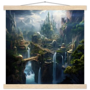 Elven Kingdom Art Print with Hanger - 40x40 cm / 16x16″, Natural wood wall hanger