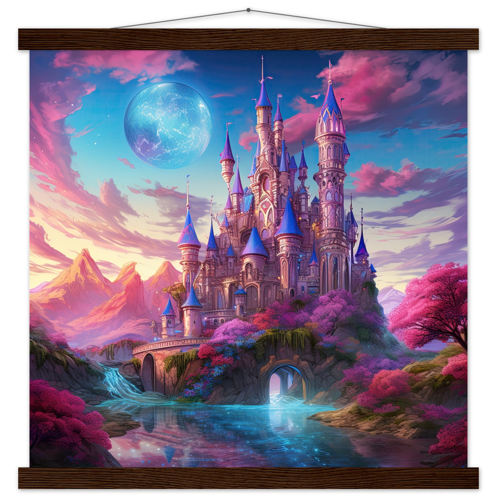Colorful Fairy Tale Castle Art Print with Hanger – 45×45 cm / 18×18″, Dark wood wall hanger