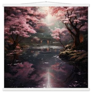 Secret Cherry Blossom Temple Art Print with Hanger - 70x70 cm / 28x28″, White wall hanger