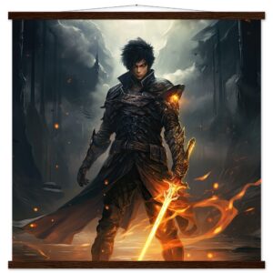 Male Anime Character - Flaming Sword - Art Print with Hanger - 70x70 cm / 28x28″, Dark wood wall hanger