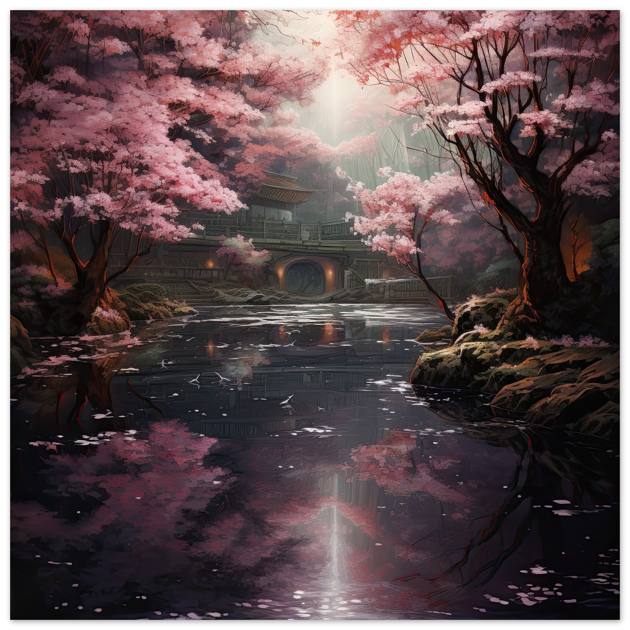 Secret Cherry Blossom Temple Metal Print – 20×20 cm / 8×8″
