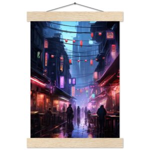 Cyberpunk Market Sci-Fi Art Print with Hanger - A4 21x29.7 cm / 8x12″, Natural wood wall hanger