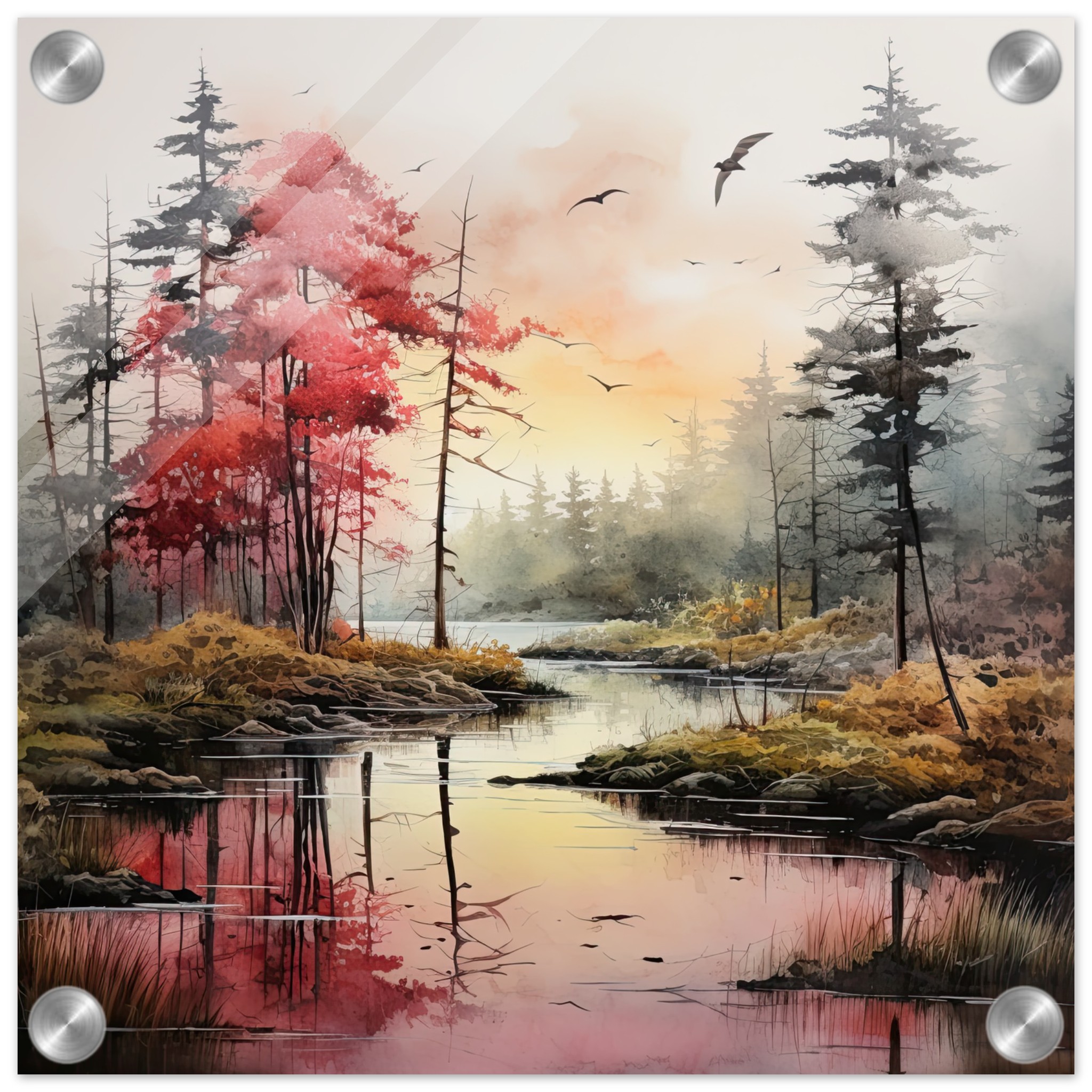 Red Lake Sunset – Watercolor Landscape Acrylic Print – 30×30 cm / 12×12″