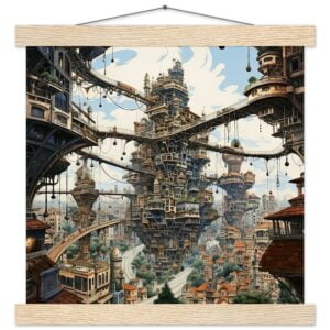 Surreal City Art Print with Hanger - 30x30 cm / 12x12″, Natural wood wall hanger