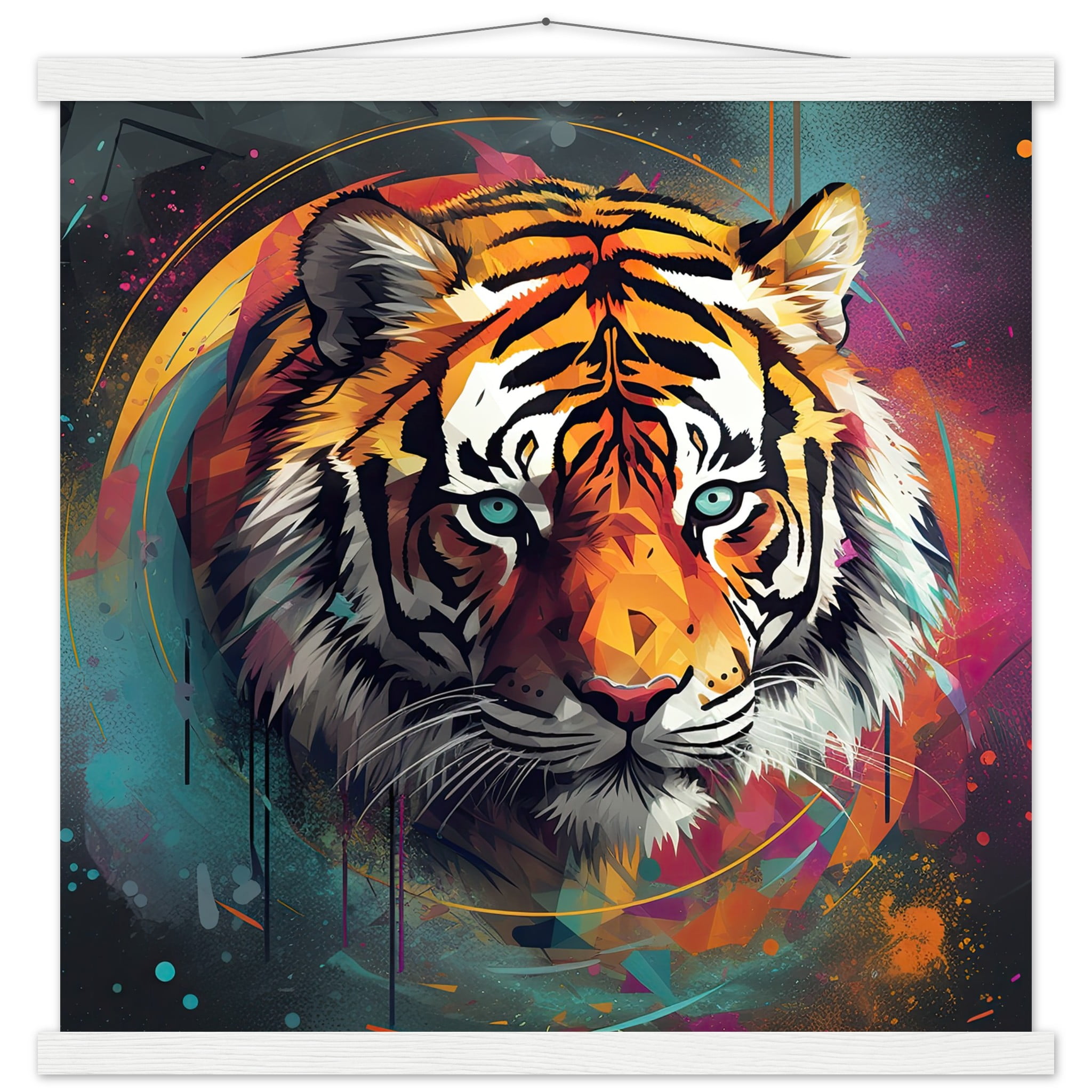 Tiger Colorful Abstract Art Print with Hanger – 50×50 cm / 20×20″, White wall hanger