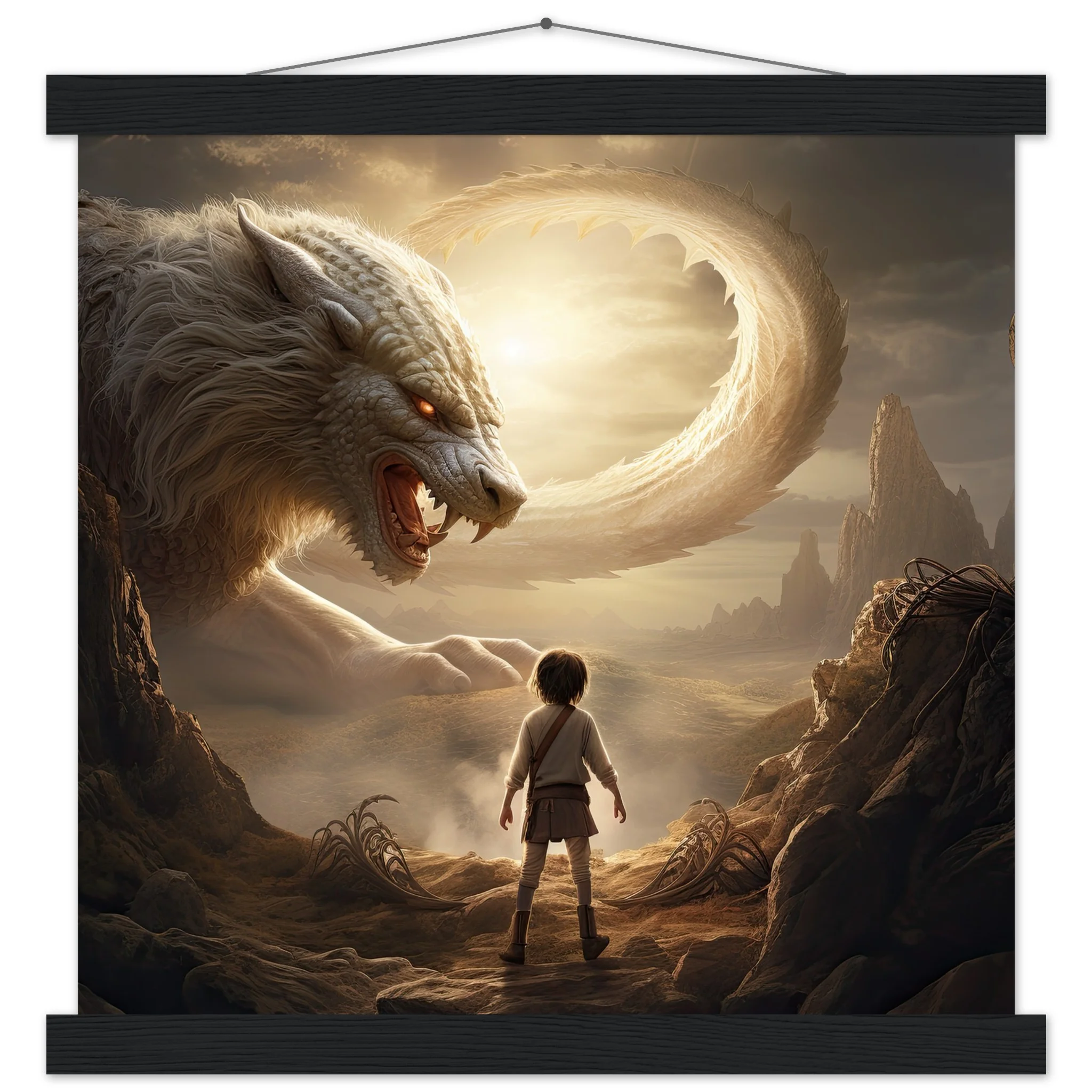 The Boy and the Chimera Art Print with Hanger – 35×35 cm / 14×14″, Black wall hanger