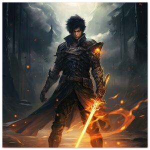 Male Anime Character - Flaming Sword - Art Poster - 35x35 cm / 14x14″