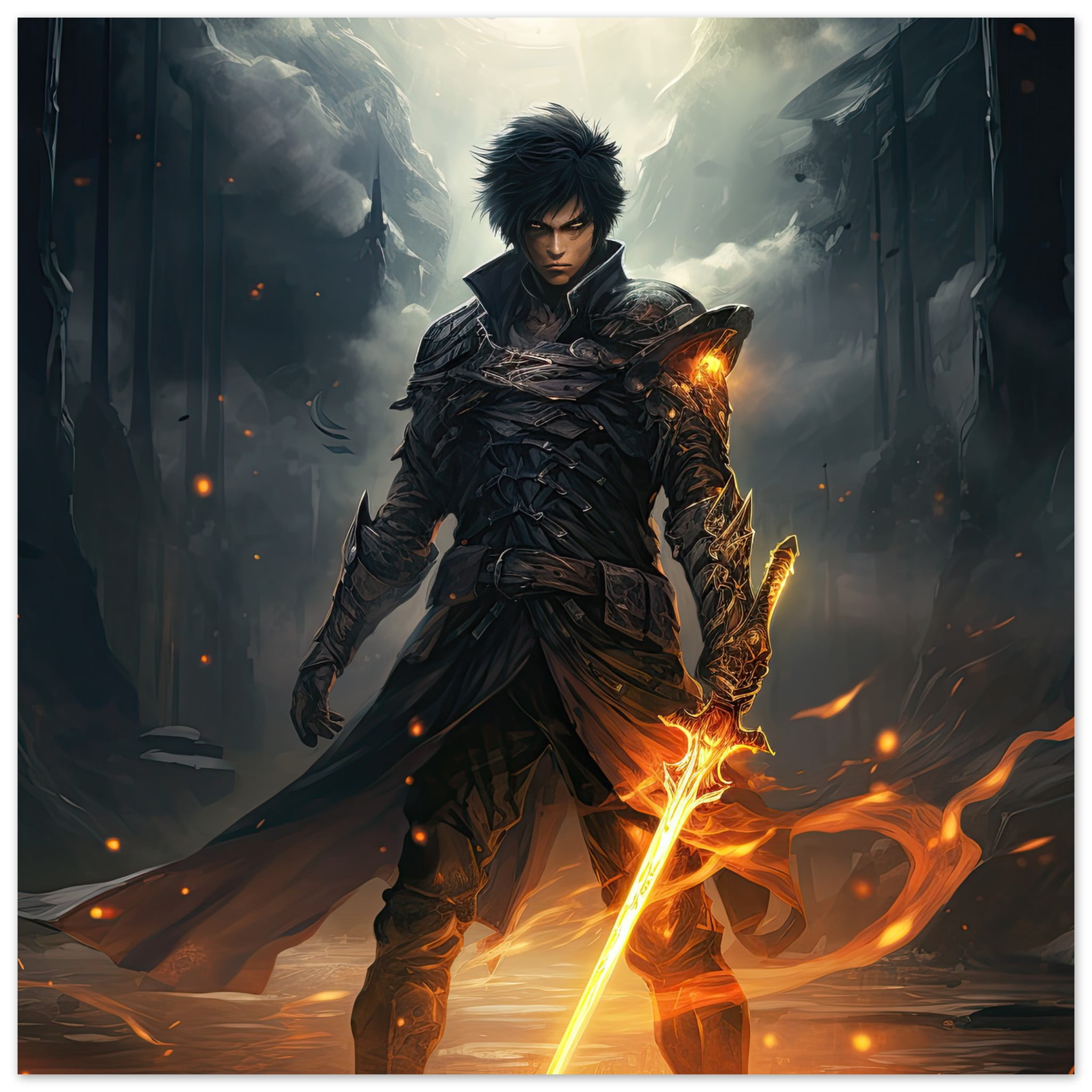 Male Anime Character – Flaming Sword – Art Poster – 35×35 cm / 14×14″