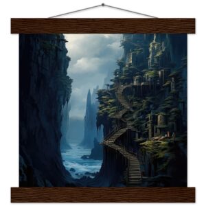 Cliffside Kingdom Landscape Art Print with Hanger - 25x25 cm / 10x10″, Dark wood wall hanger