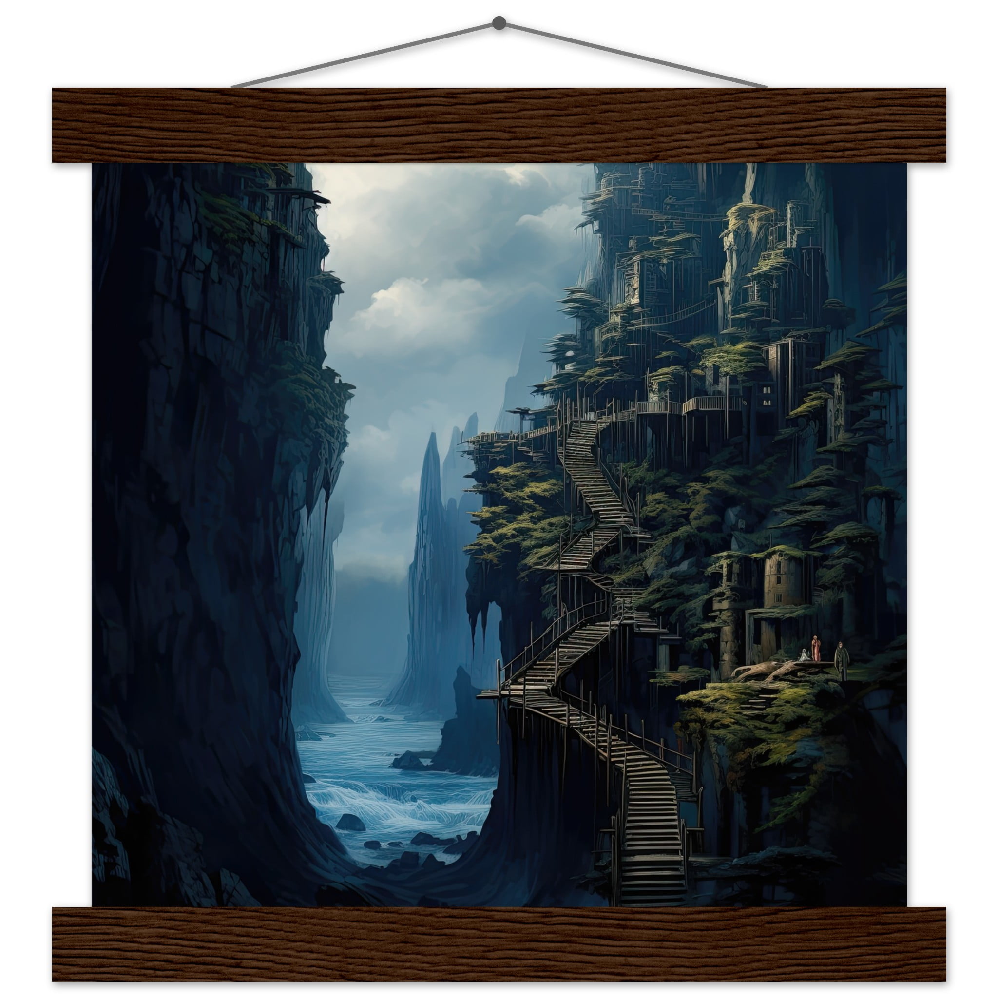 Cliffside Kingdom Landscape Art Print with Hanger – 25×25 cm / 10×10″, Dark wood wall hanger