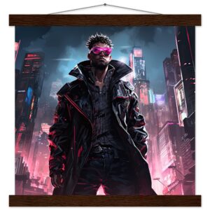 Cool Cyberpunk Dude Art Print with Hanger - 35x35 cm / 14x14″, Dark wood wall hanger