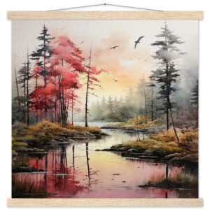 Red Lake Sunset - Watercolor Landscape Print with Hanger - 50x50 cm / 20x20″, Natural wood wall hanger