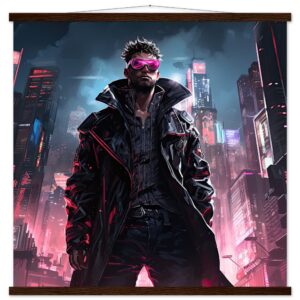 Cool Cyberpunk Dude Art Print with Hanger - 70x70 cm / 28x28″, Dark wood wall hanger