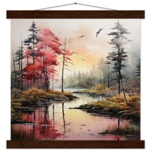 Red Lake Sunset - Watercolor Landscape Print with Hanger - 35x35 cm / 14x14″, Dark wood wall hanger