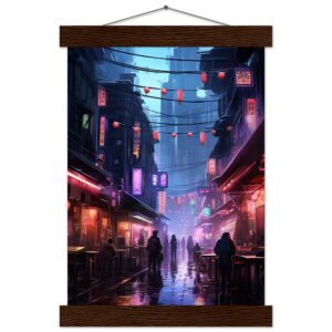 Cyberpunk Market Sci-Fi Art Print with Hanger - A4 21x29.7 cm / 8x12″, Dark wood wall hanger