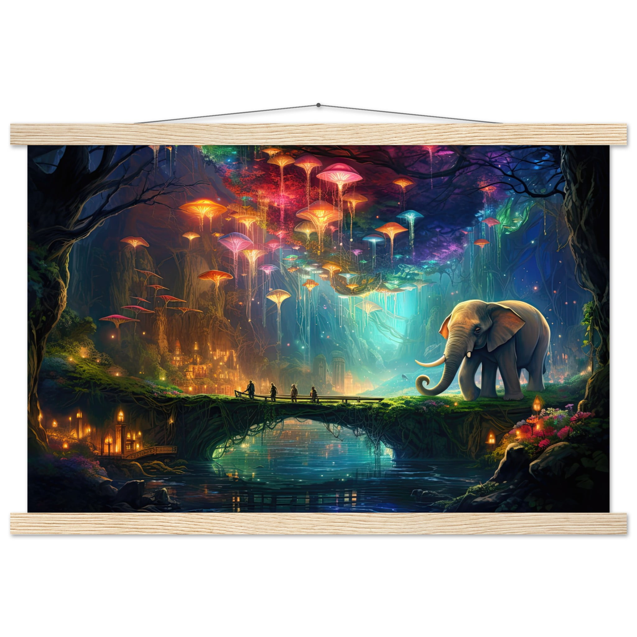 Elephant Cave of Wonder Art Print with Hanger – 40×60 cm / 16×24″, Natural wood wall hanger