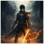 Male Anime Character - Flaming Sword - Art Poster