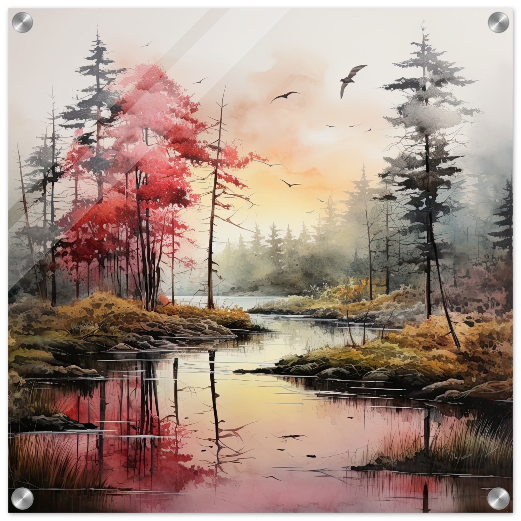Red Lake Sunset – Watercolor Landscape Acrylic Print – 50×50 cm / 20×20″