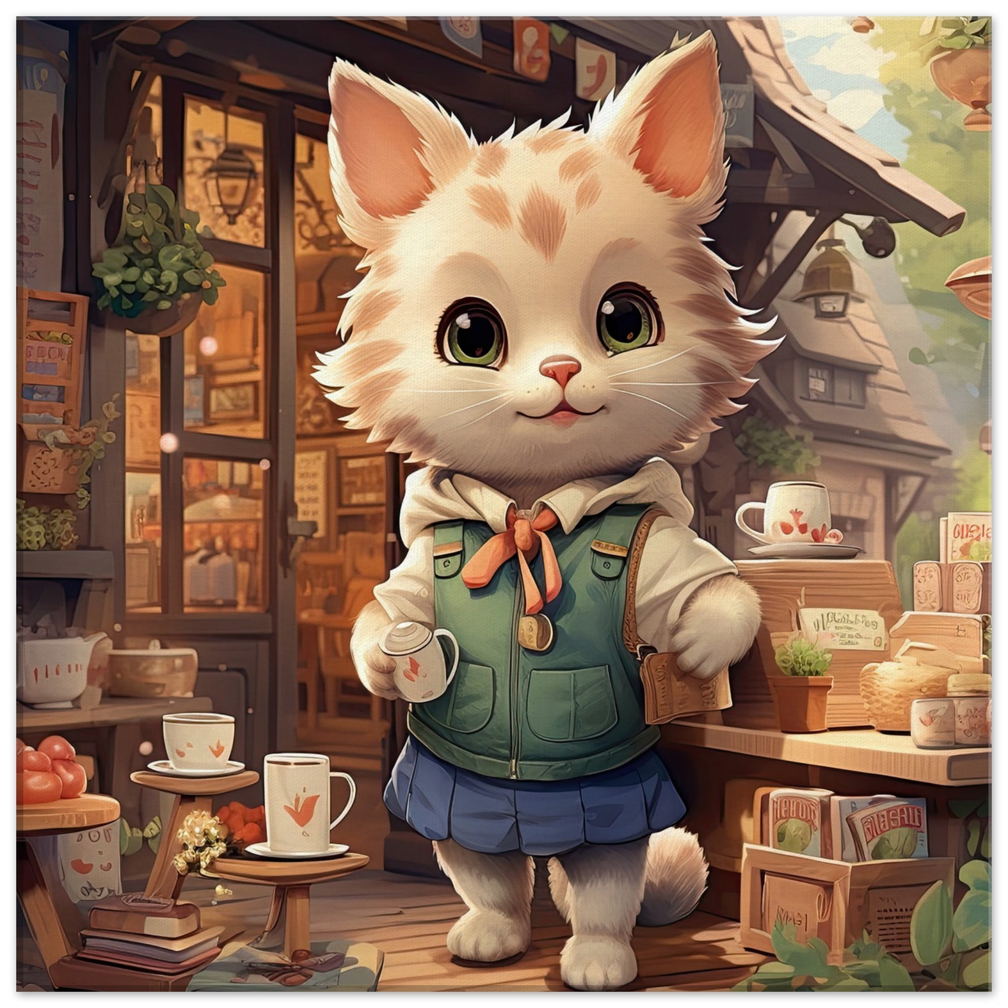 Cute Kitten Coffee Shop Canvas Print – 50×50 cm / 20×20″, Slim