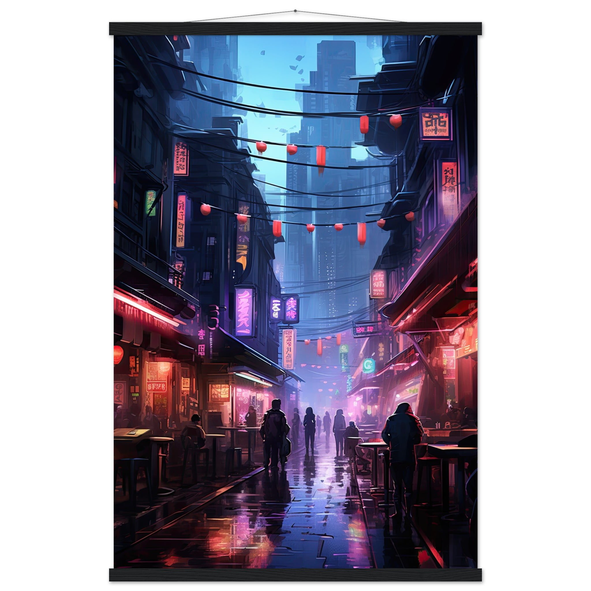 Cyberpunk Market Sci-Fi Art Print with Hanger – 60×90 cm / 24×36″, Black wall hanger