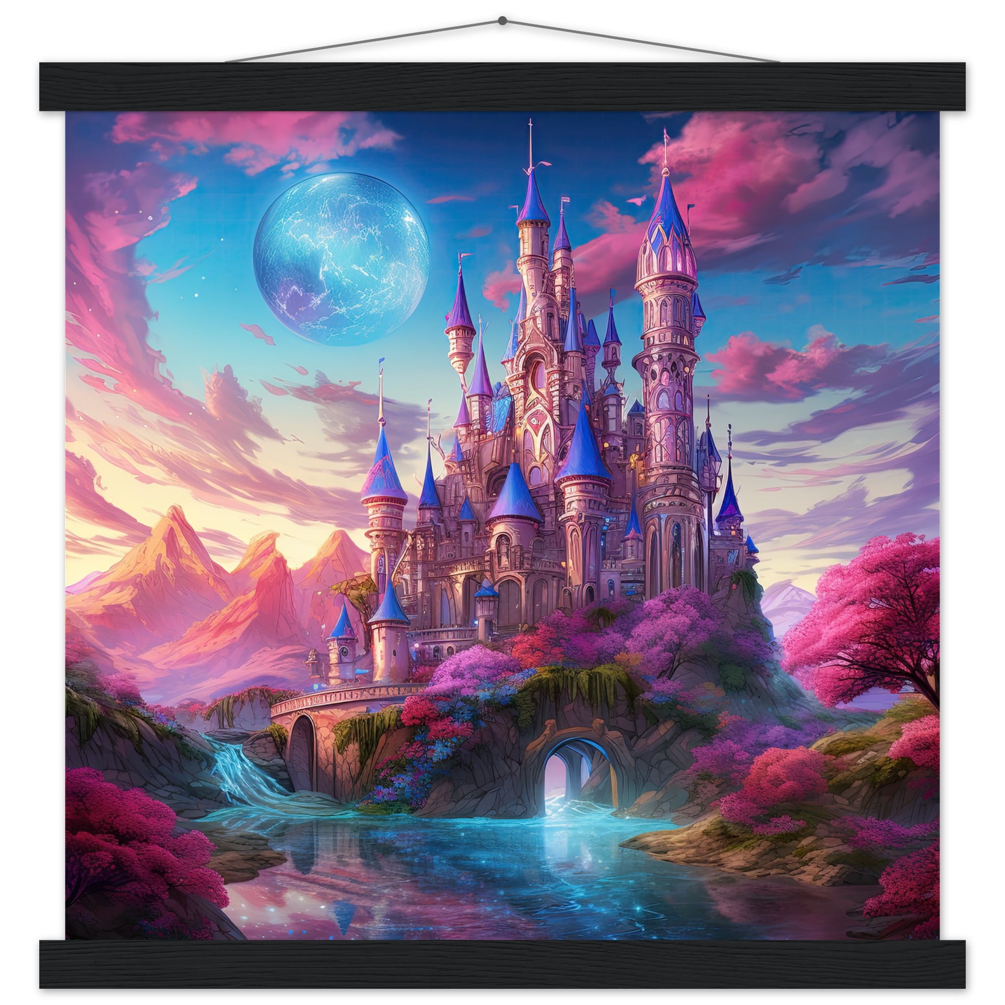 Colorful Fairy Tale Castle Art Print with Hanger – 40×40 cm / 16×16″, Black wall hanger