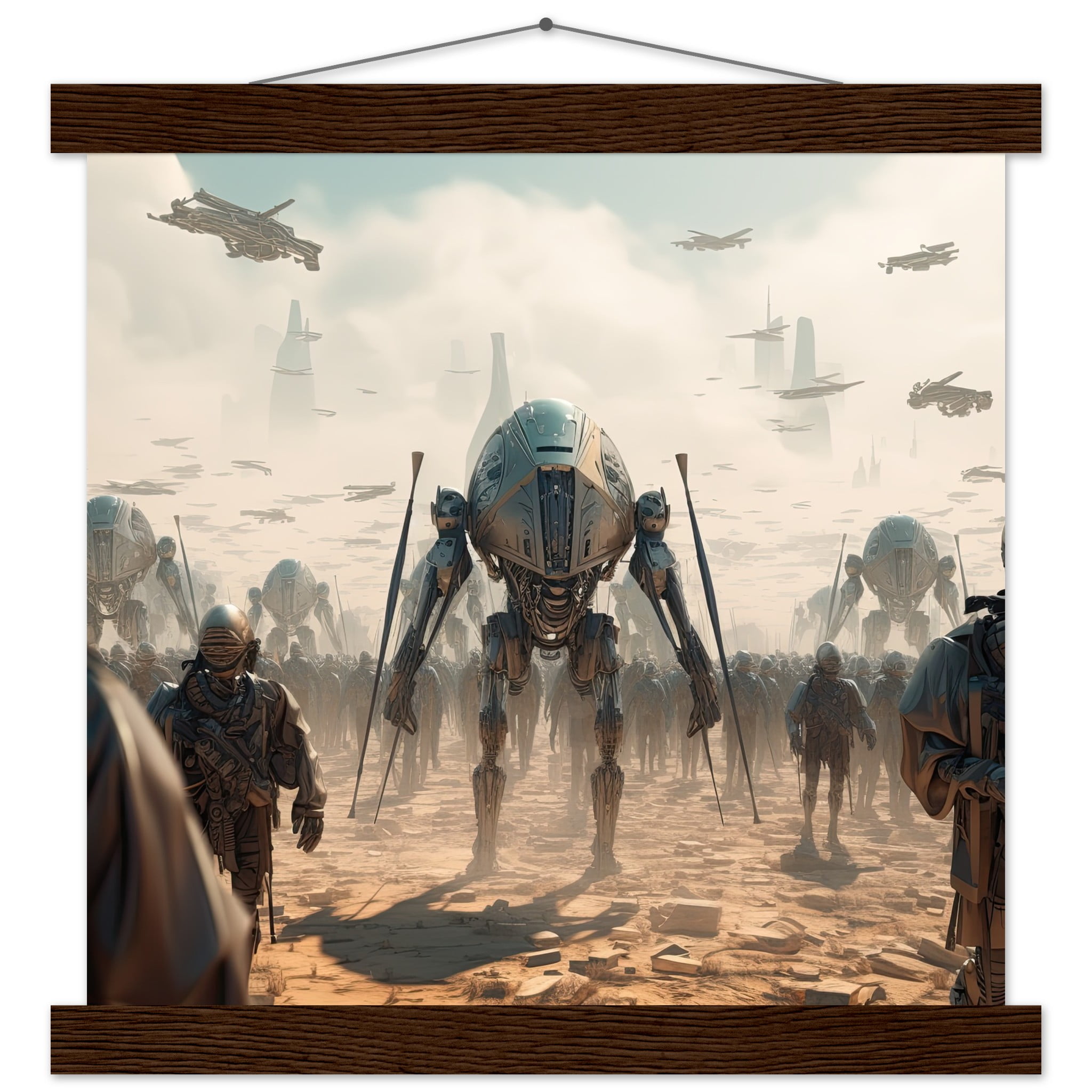 Future War Sci-Fi Art Print with Hanger – 30×30 cm / 12×12″, Dark wood wall hanger
