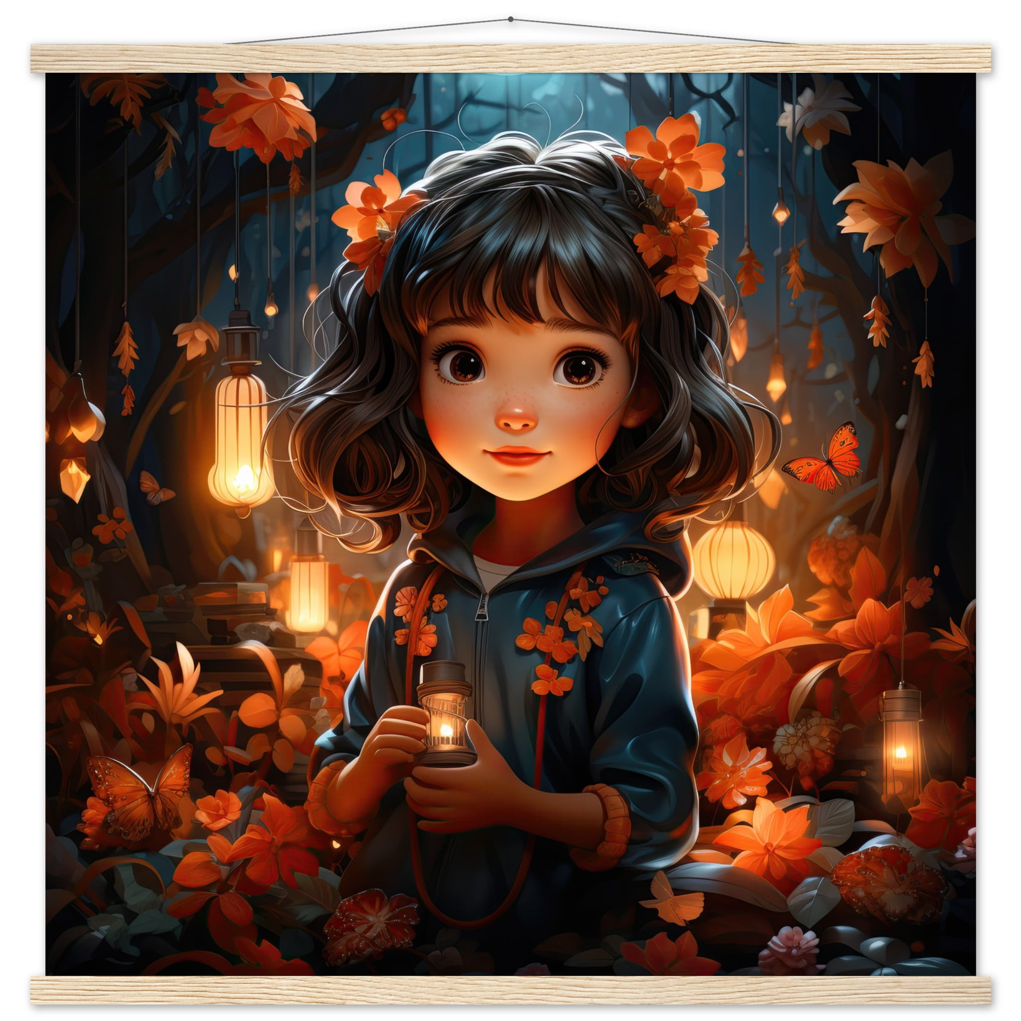 Enchanted World – Girl – Art Print with Hanger – 70×70 cm / 28×28″, Natural wood wall hanger