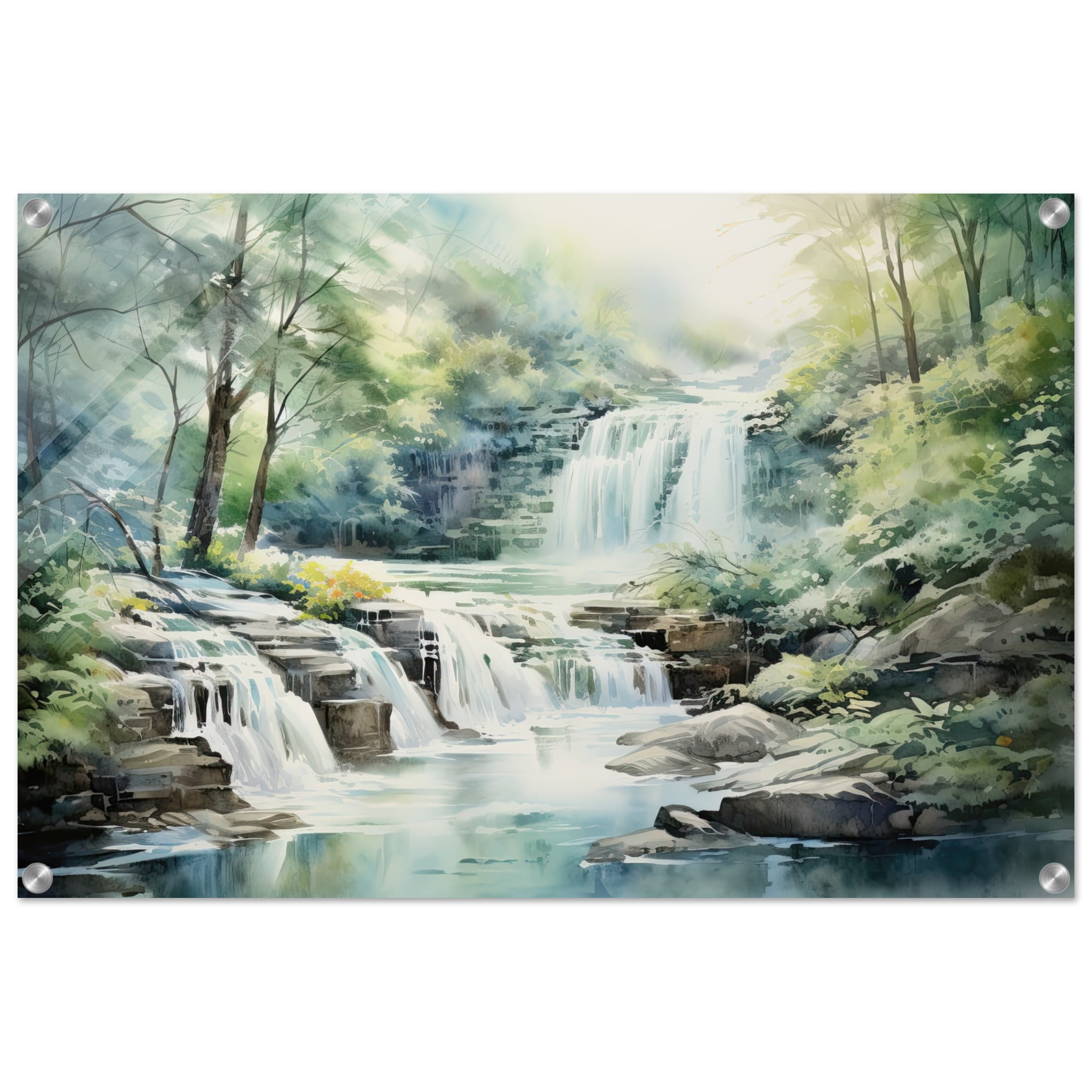 Serene Waterfall in Watercolor Acrylic Print – 50×75 cm / 20×30″