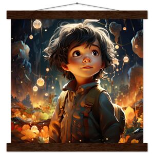 Enchanted World - Boy Adventurer - Art Print with Hanger - 35x35 cm / 14x14″, Dark wood wall hanger