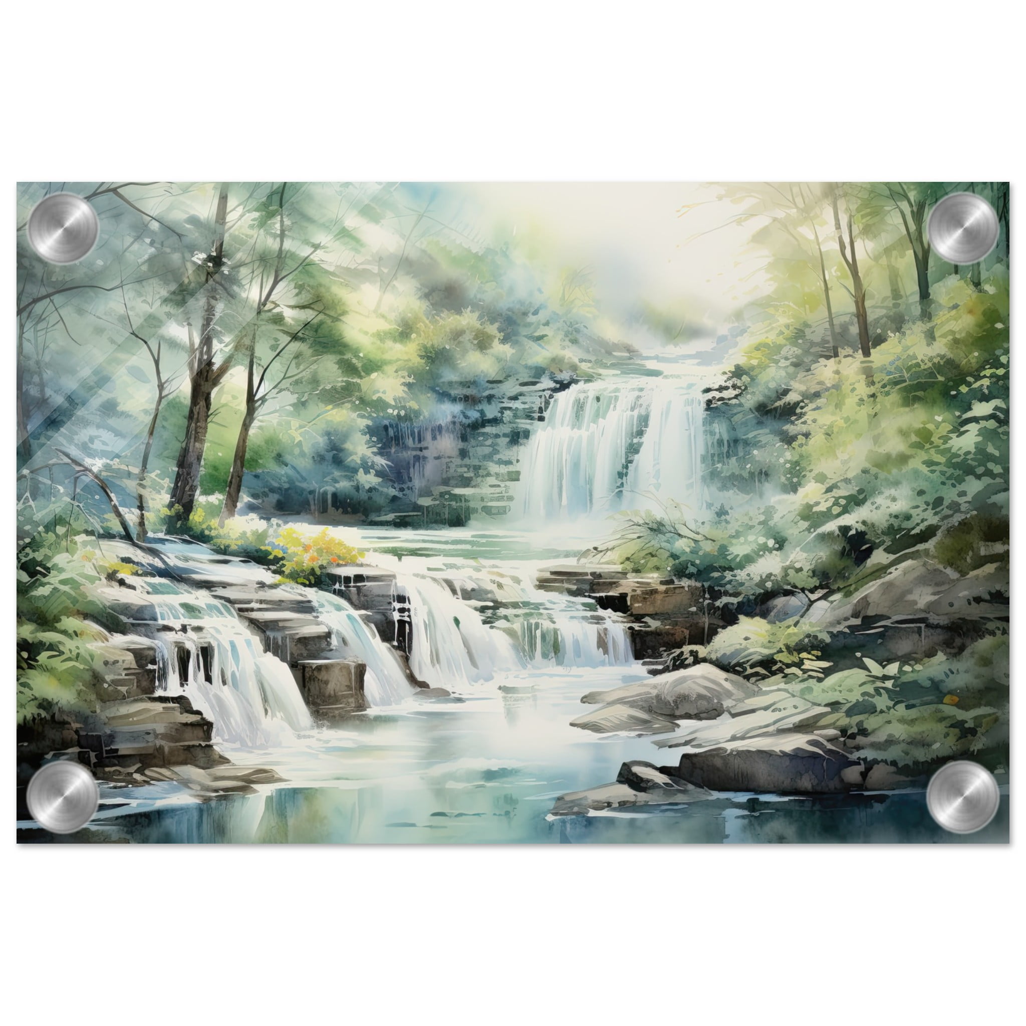 Serene Waterfall in Watercolor Acrylic Print – 20×30 cm / 8×12″