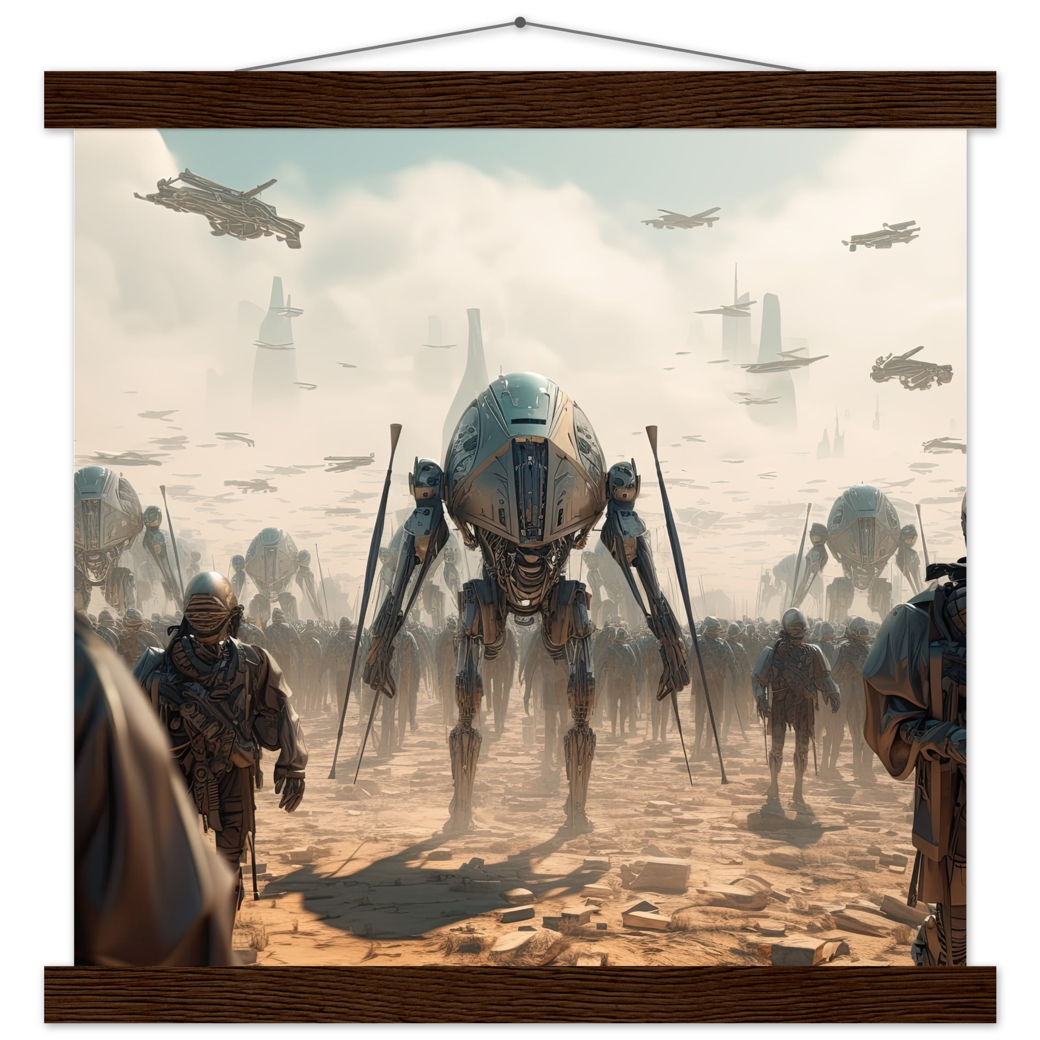 Future War Sci-Fi Art Print with Hanger – 35×35 cm / 14×14″, Dark wood wall hanger