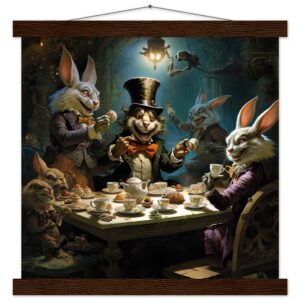 Mad Hatter's Tea Party Art Print with Hanger - 35x35 cm / 14x14″, Dark wood wall hanger