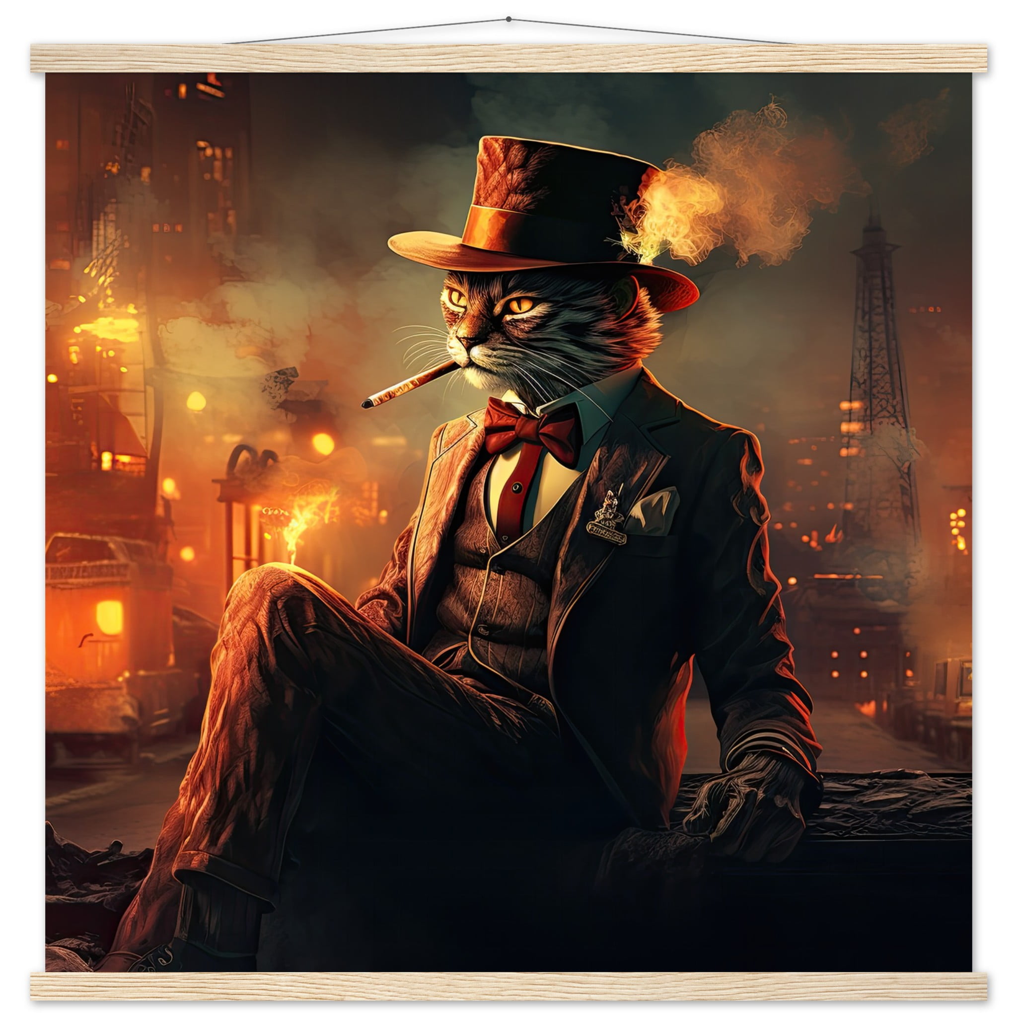 Gangster Cat Cool Art Print with Hanger – 70×70 cm / 28×28″, Natural wood wall hanger