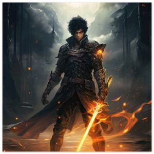 Male Anime Character - Flaming Sword - Metal Print - 60x60 cm / 24x24″