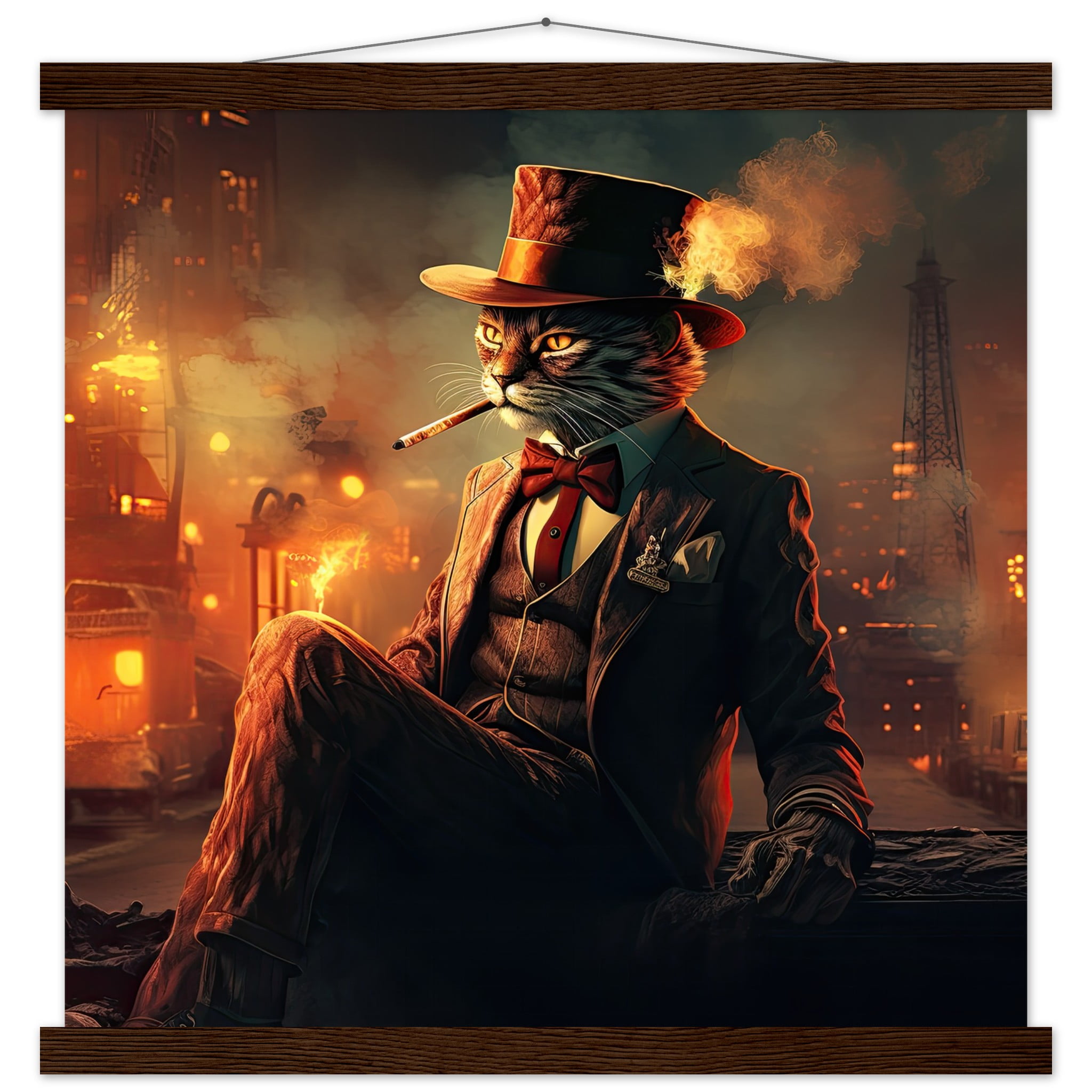 Gangster Cat Cool Art Print with Hanger – 45×45 cm / 18×18″, Dark wood wall hanger